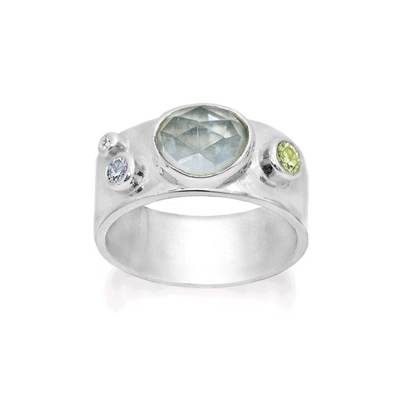Sølv ring med aquablå kvarts, peridot, topas & zirkonia-Rabinovich (str 59)